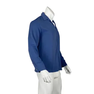 Side view of a blue men's V-neck long-sleeved shirt displayed on a white mannequin