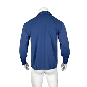 Full back view of men's loose blue long-sleeved shirt showing smooth drape and fit