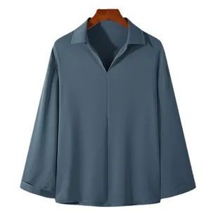 Elegant men's loose V-neck pullover long sleeve shirt in a stylish slate blue color