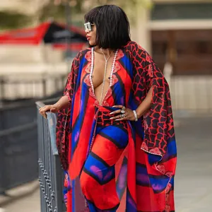 Eleganter Chiffon-Überwurf mit V-Ausschnitt und lebhaften geometrischen Mustern