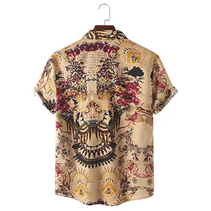 Detailed back view of men's summer shirt featuring a complex vintage ethnic pattern print