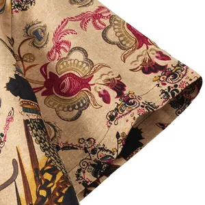 Detailed view of the ethnic style printed fabric and sleeve cuff on men's summer shirt