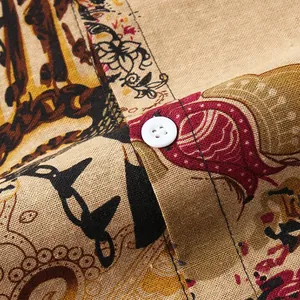 Detailed close-up of ethnic print cotton linen shirt fabric with white button