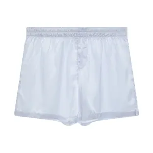 White satin men's lounge boxers with elastic waistband and smooth silk-like finish