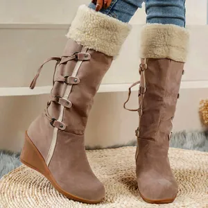 Women's taupe wedge tall boots with warm faux shearling lining and side buckles