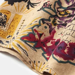 Detailed close-up showing ethnic print fabric texture and precise stitching on summer shirt