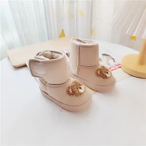 Warm beige cartoon bear snow boots for children with plush lining and Velcro strap
