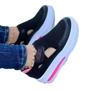 Lässige Damen-Fly-Knit-Sneaker mit Keilabsatz, modisches Hohl-Design und Klettverschluss