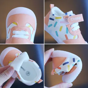 Detail view of breathable toddler walking shoes with soft flexible sole and colorful patterns.