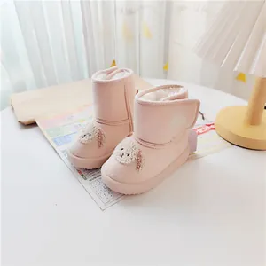 Cute pink cartoon children's snow boots with warm fleece lining and velcro straps