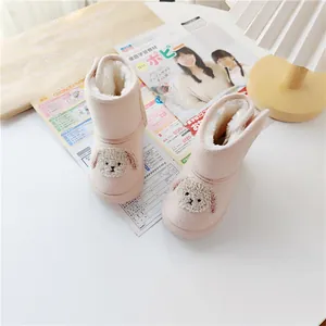 Cozy pink children's snow boots featuring a cute puppy design and warm fleece lining