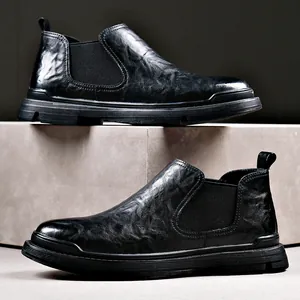 Vintage Britse Stijl Heren Rundleder Chelsea Boots Instapper Elastische Zijpanelen Enkellaarzen Warme Fleece Voering Winterschoenen