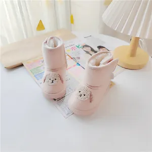 Cozy pink children's snow boots with cute cartoon puppy design and fleece lining