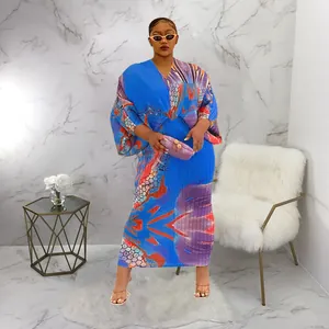 Elegante vestido maxi de verano con cuello en V, manga murciélago y diseño estampado colorido
