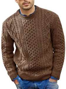 Classic men's brown cable-knit sweater with a crew neck and long sleeves for winter.