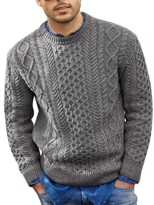 Men's classic grey cable-knit long sleeve sweater with a stylish crewneck design