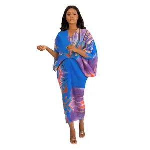 Elegante vestido largo de verano con cuello en V, estampado abstracto morado y azul vibrante