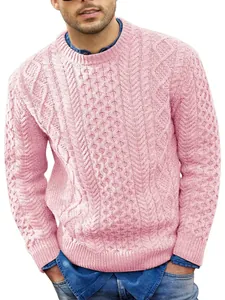 Men's pink cable knit sweater with long sleeves and round neck for autumn winter