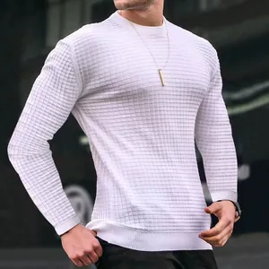 Dettaglio della maglia da uomo a maniche lunghe con trama a piccoli quadretti bianchi e girocollo