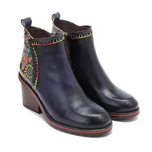 Retro genuine leather ankle boots with colorful floral embroidery and comfortable block heels