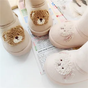 Cute cartoon bear children snow boots with thick plush lining and anti-slip rubber soles
