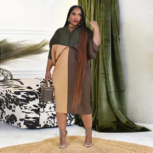 Elegante vestido plisado en bloque de tres colores con escote en V y mangas murciélago