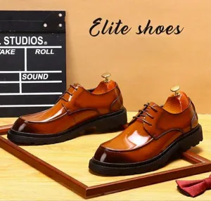 Chaussures Derby en cuir verni marron brillant pour hommes avec semelles épaisses