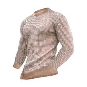 Primo piano dettagliato che mostra la trama a piccoli quadretti del pullover beige da uomo