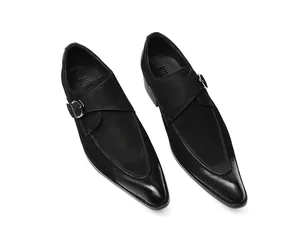 Professional top view of men's black pointed monk strap shoes in leather and suede texture