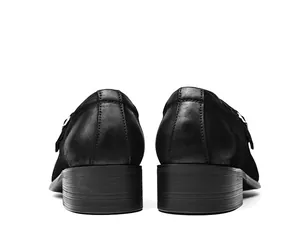 Back view of black leather monk strap formal shoes for men with detailed stitching