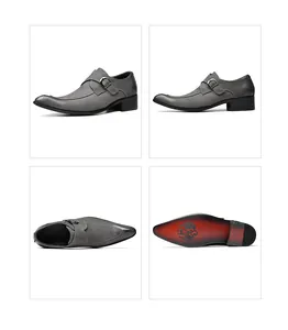 Multi-angle detail view of grey suede monk strap shoes with pointed toe and red sole.