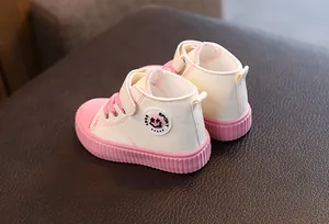 Rückansicht rosa-weißer hoher Canvas-Sneaker für Kinder mit Klettverschluss und Gummisohle