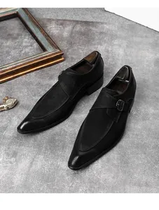 Premium black suede Monk strap shoes with pointed toe and polished leather toe caps