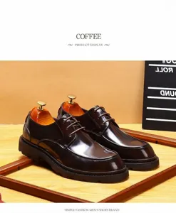 Chaussures derby pour hommes en cuir brillant marron café avec semelles épaisses, chic