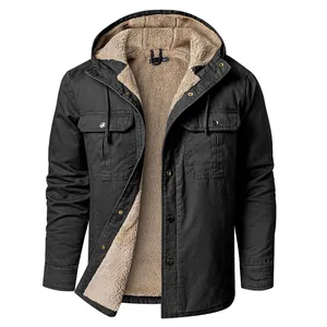 Heavyweight men's hooded sherpa-lined cotton jacket with multi-pocket design in black