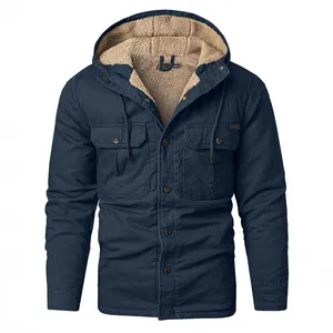 Men's heavy navy blue hooded jacket featuring warm sherpa lining and functional multi-pockets
