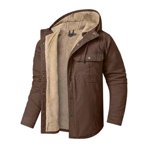 Men's brown hooded winter jacket with warm sherpa fleece lining and multiple pockets