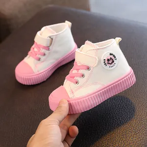 Rosa-weiße mittelhohe Kinder-Leinenschuhe mit weicher Gummisohle für Kleinkinder