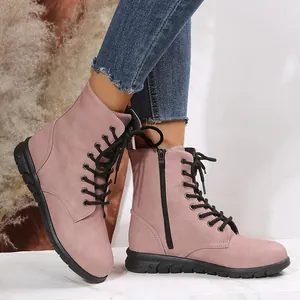 Bottines Martin Femme Plateforme Chunky en Cuir PU Lacets Fermeture Éclair Latérale Semelle Antidérapante Automne Hiver