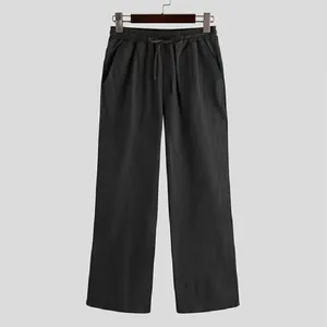 Men's Casual Wide Leg Pants Loose Fit Cotton Blend Straight Trousers Solid Color Drawstring Waist Long Pants For Men