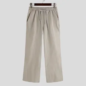 Close-up detail of men's loose wide-leg casual pants in solid khaki color.