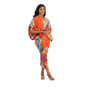 Vestido de verano con cuello en V y manga murciélago con vivos estampados