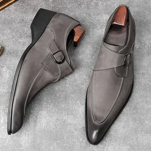 Men's grey suede Monk strap dress shoes with sharp pointed toe and buckle detail