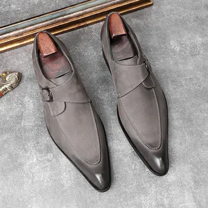 Elegant grey suede pointed-toe Monk strap men's leather dress shoes for formal business