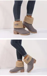 Stylish grey faux suede women's mid-calf boots with foldable tan faux fur cuff and lug sole
