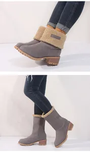 Detail view showing two-way wearing styles of grey mid-calf boots with faux fur.