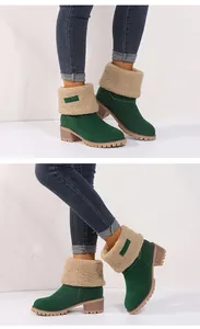 Stylish green suede ankle boots with faux fur trim and chunky block heel shown on model legs