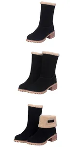 Women's two-way mid-calf suede snow boots with plush faux fur lining and chunky heels.