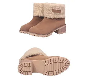 Brown suede ankle boots with chunky heel and faux fur cuff, side and sole detail view
