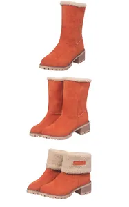 Stylish orange mid-calf snow boots with chunky heels and 2-way faux fur fold-over design